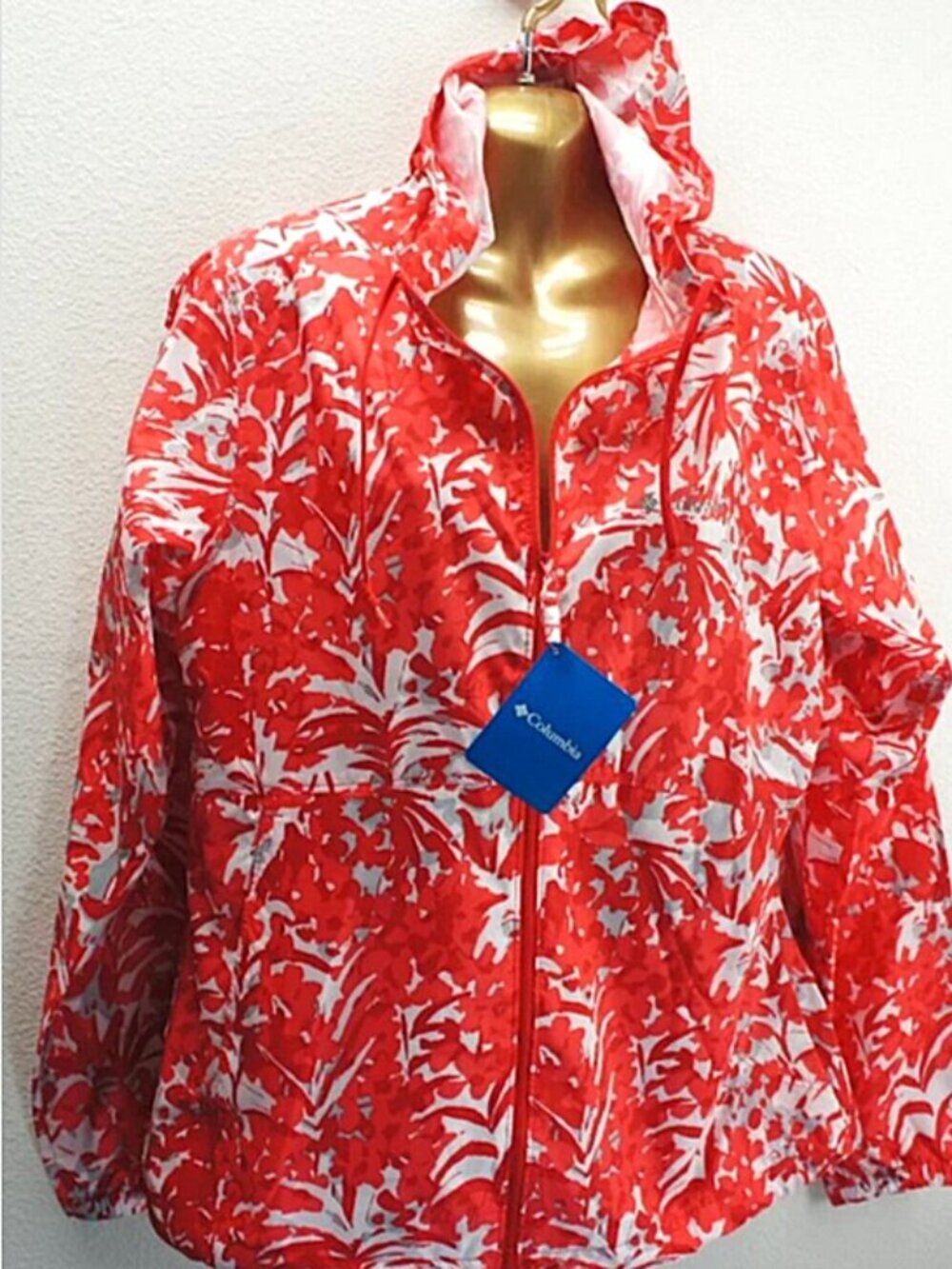 Columbia Red Floral Windbreaker Hooded Jacket size M NWT